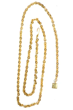 1970's Adjustable Gold Chain Link Belt or Necklace w/ Gold Cube