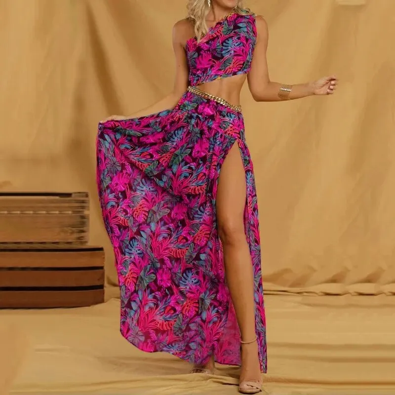 2024Printed Bare Waist Slit Long Cutout Dress