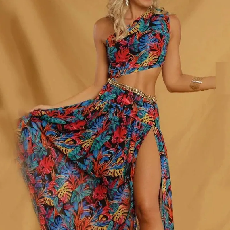 2024Printed Bare Waist Slit Long Cutout Dress