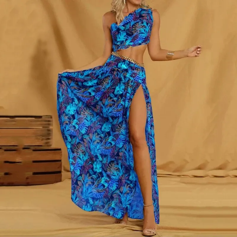 2024Printed Bare Waist Slit Long Cutout Dress