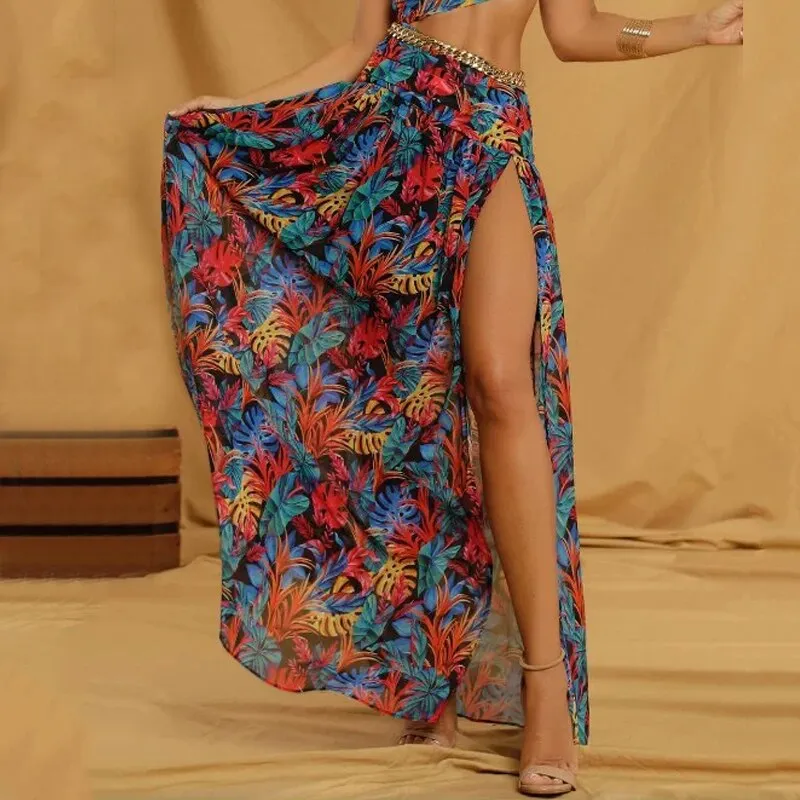 2024Printed Bare Waist Slit Long Cutout Dress
