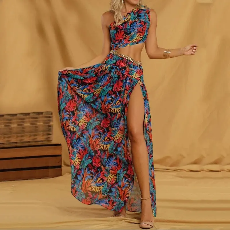 2024Printed Bare Waist Slit Long Cutout Dress