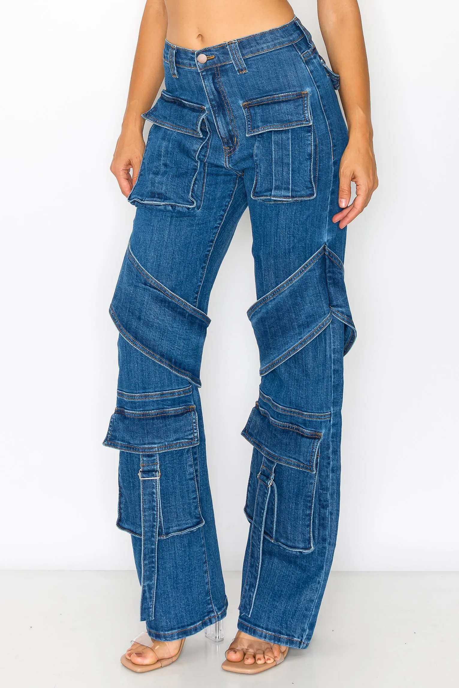 40480 Women's High Rise Cargo Pants with Pockets Classic fit Casual Denim