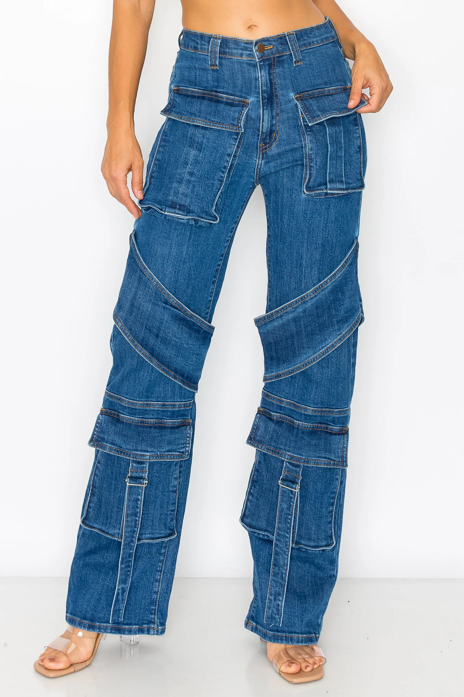 40480 Women's High Rise Cargo Pants with Pockets Classic fit Casual Denim