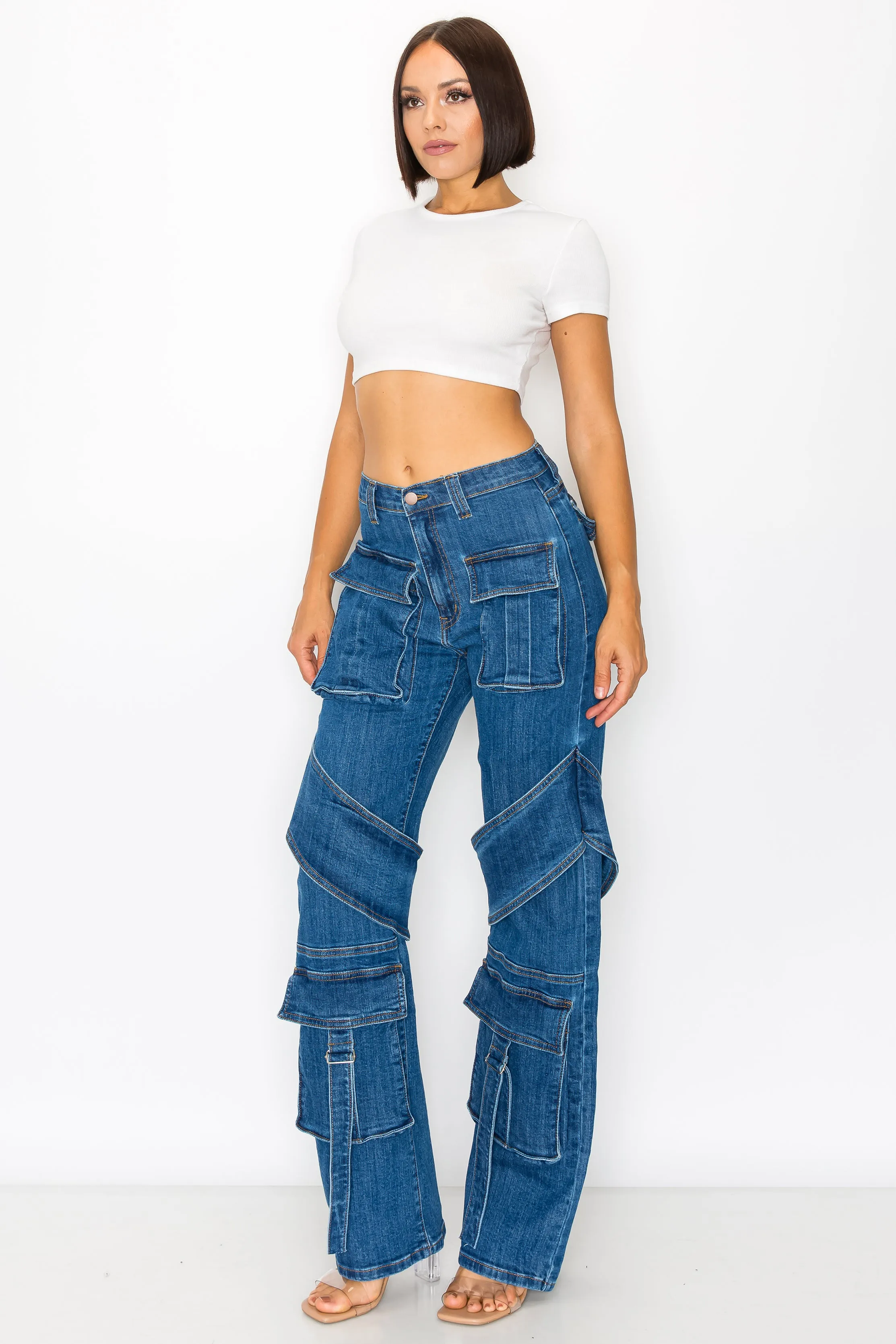 40480 Women's High Rise Cargo Pants with Pockets Classic fit Casual Denim