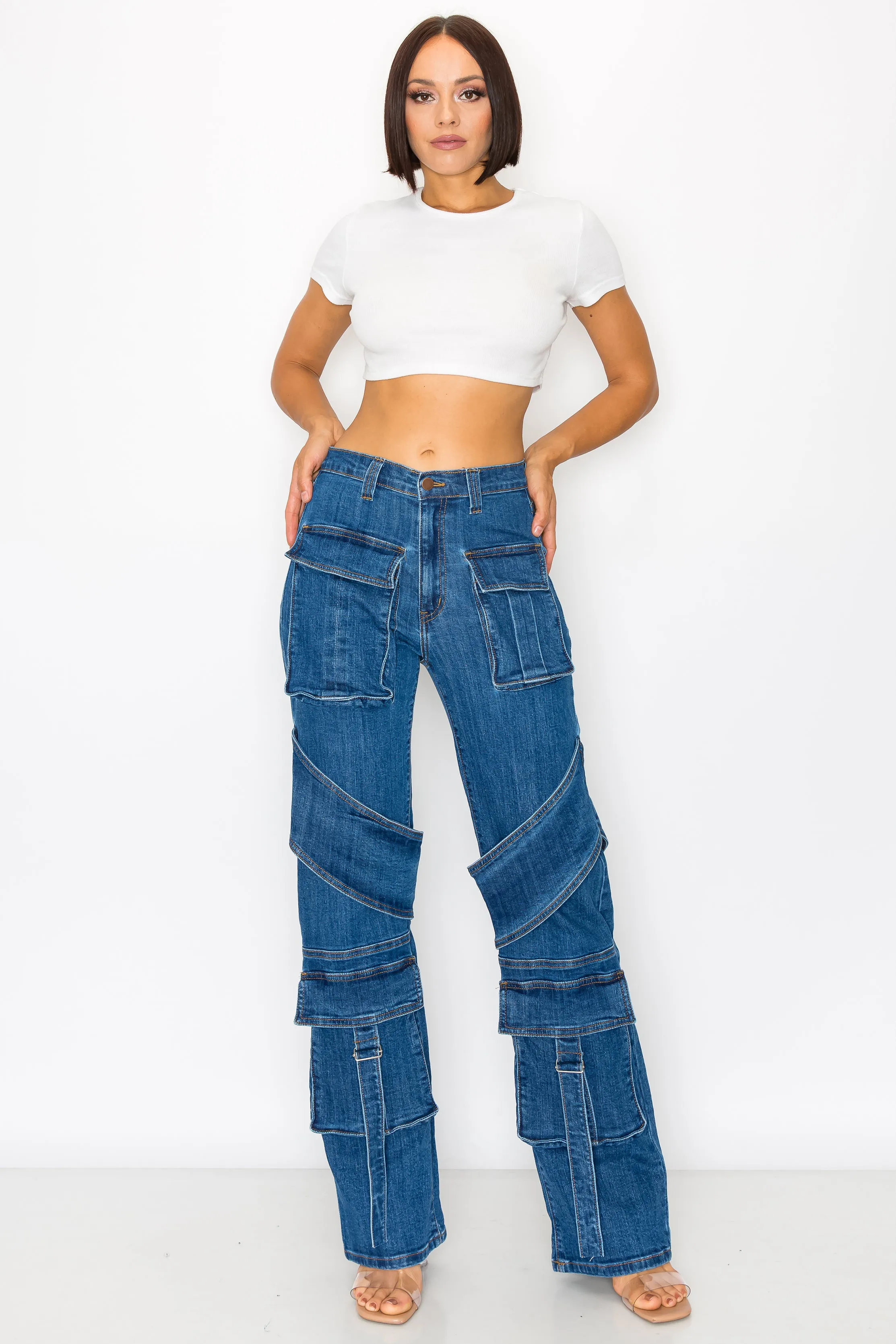 40480 Women's High Rise Cargo Pants with Pockets Classic fit Casual Denim
