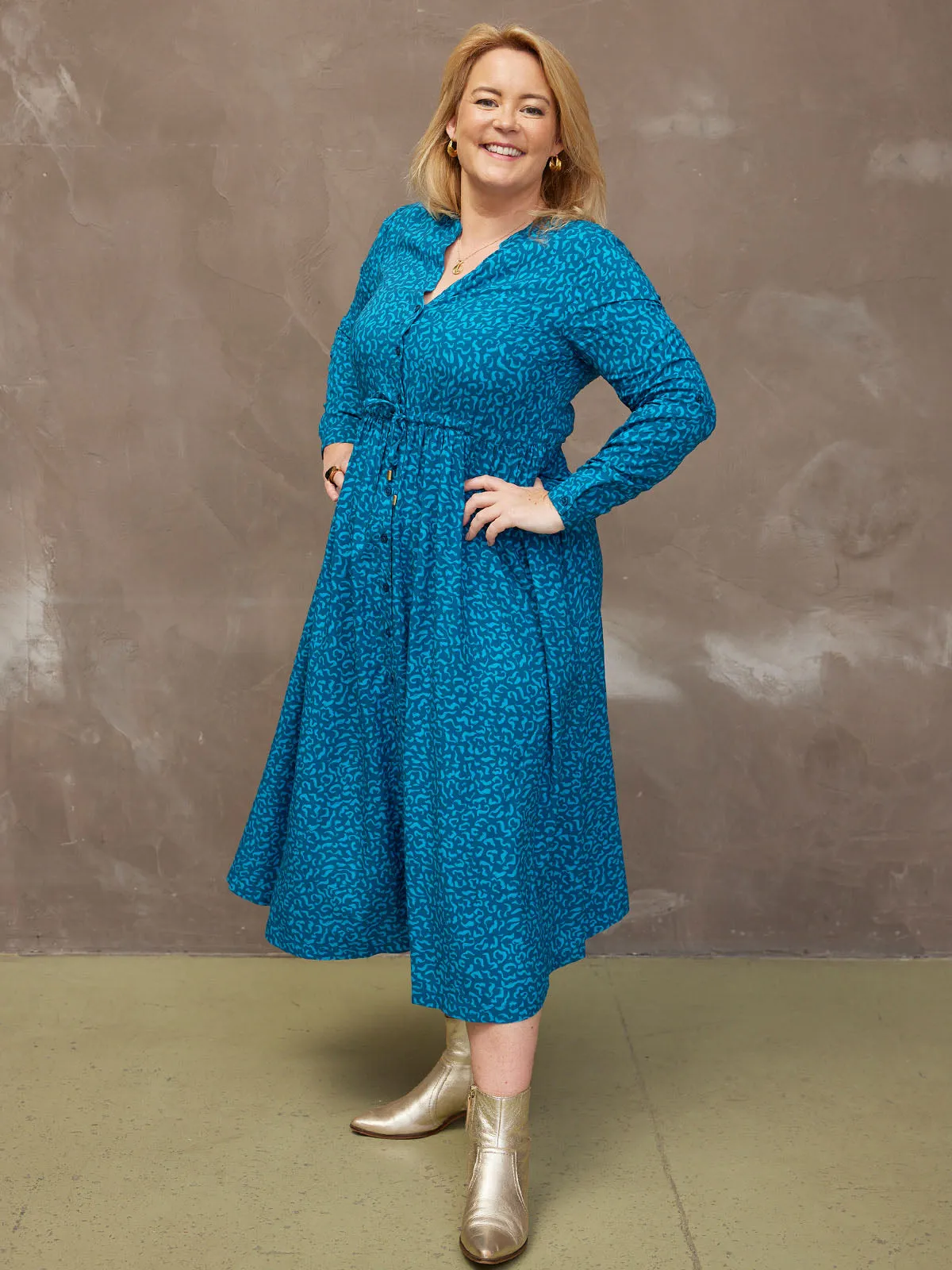 Ashleigh - Button Through Shirt Dress - Teal Print