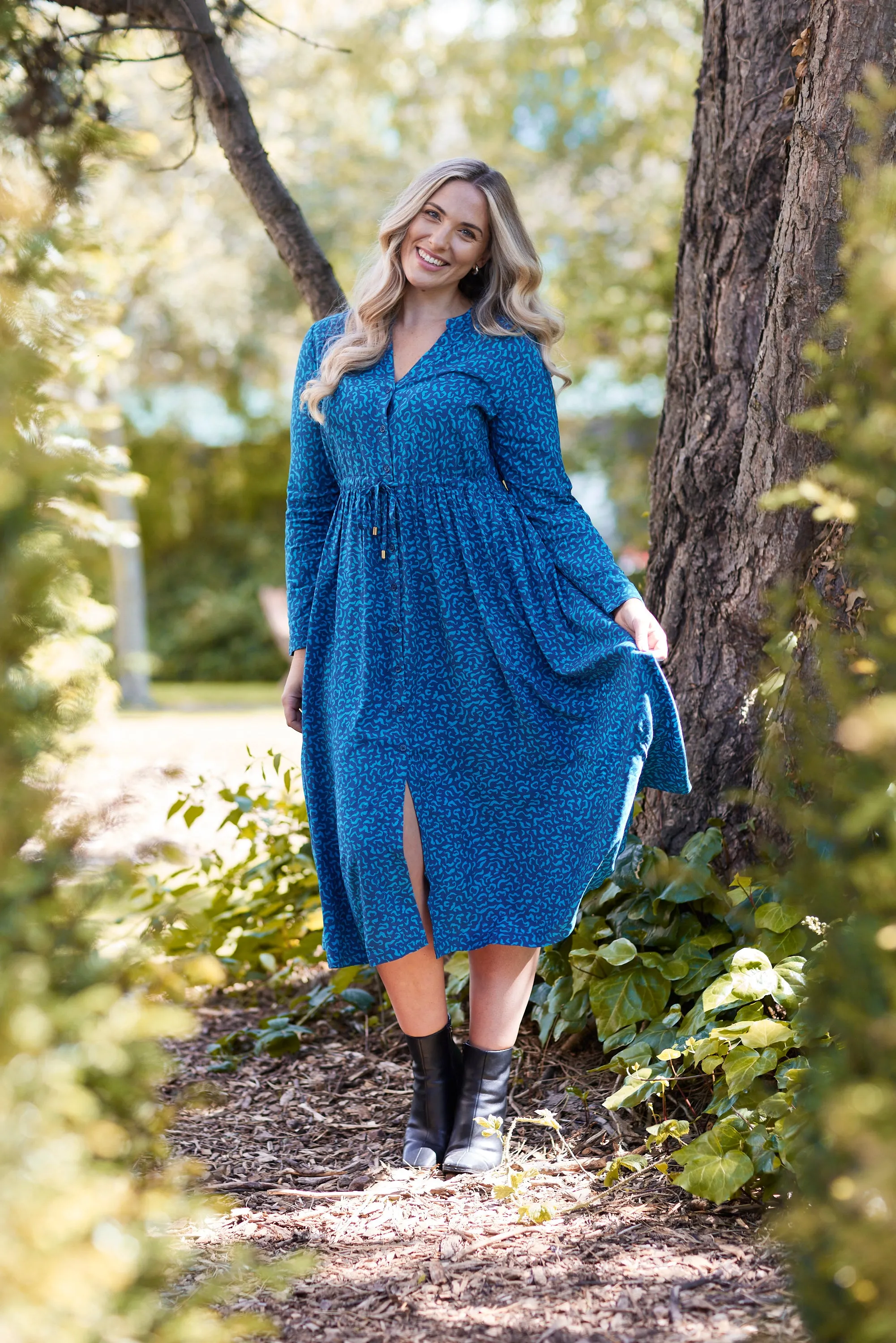 Ashleigh - Button Through Shirt Dress - Teal Print