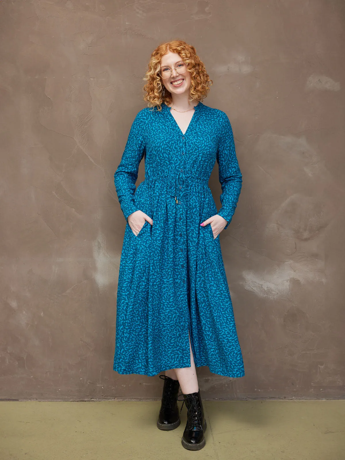 Ashleigh - Button Through Shirt Dress - Teal Print