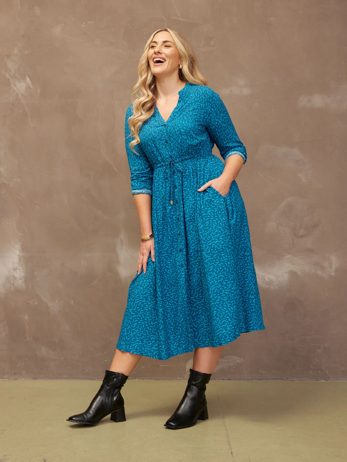 Ashleigh - Button Through Shirt Dress - Teal Print