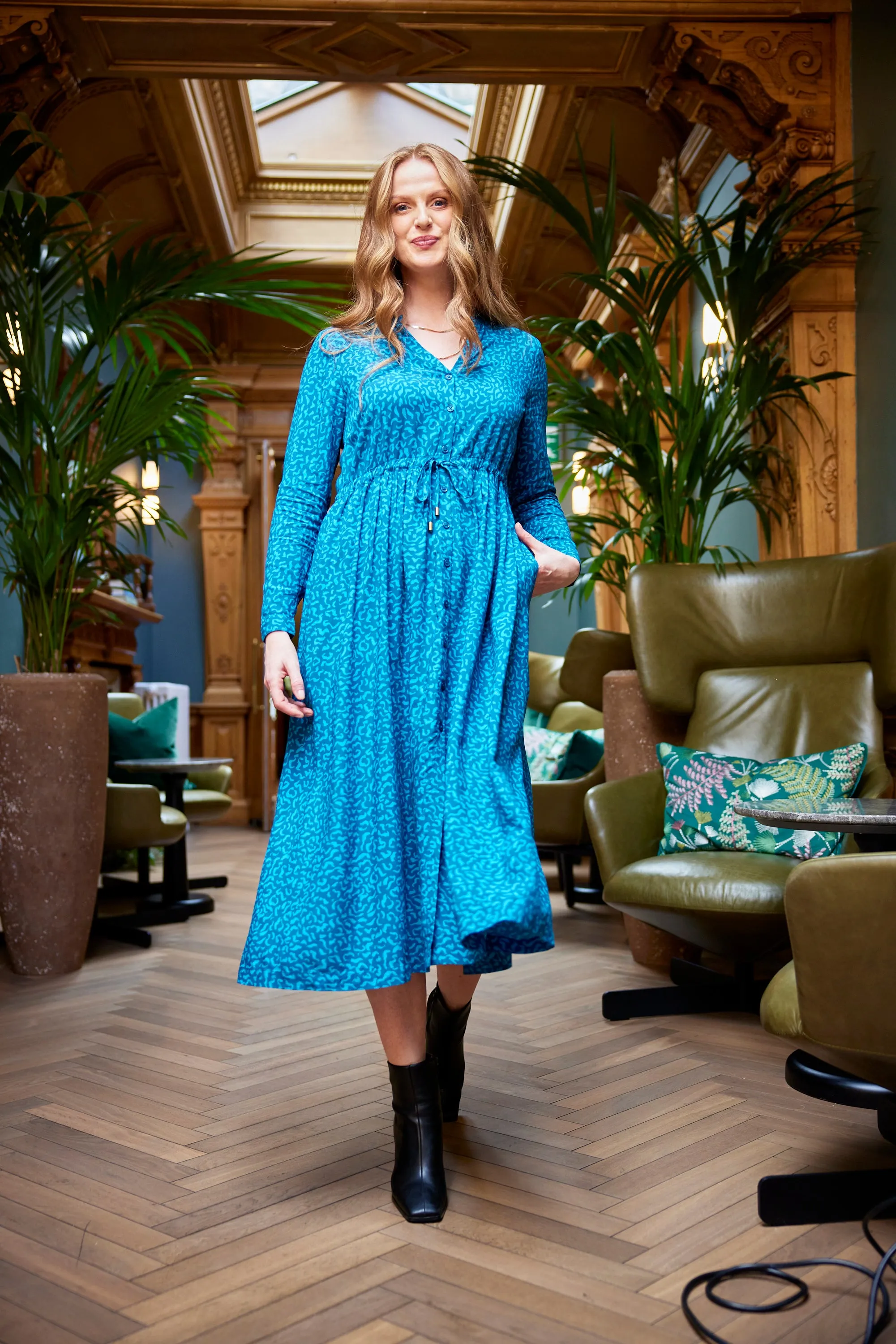Ashleigh - Button Through Shirt Dress - Teal Print