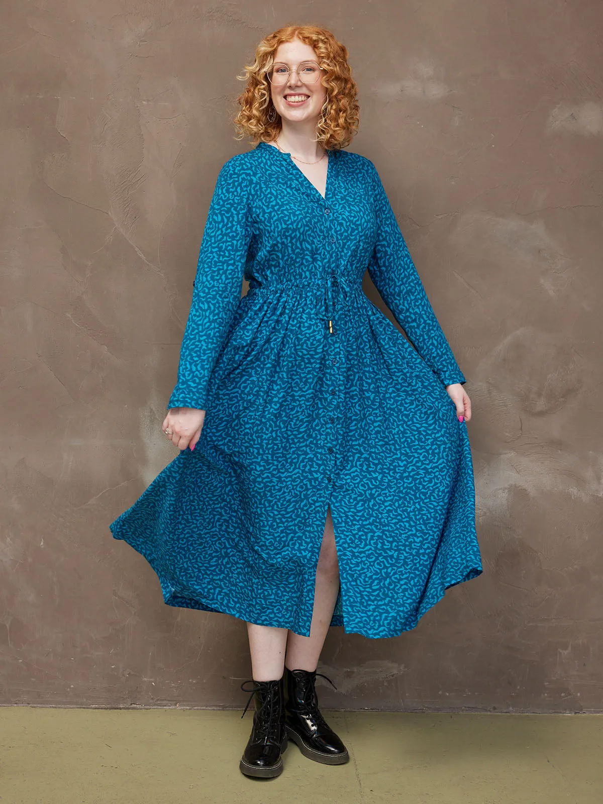 Ashleigh - Button Through Shirt Dress - Teal Print
