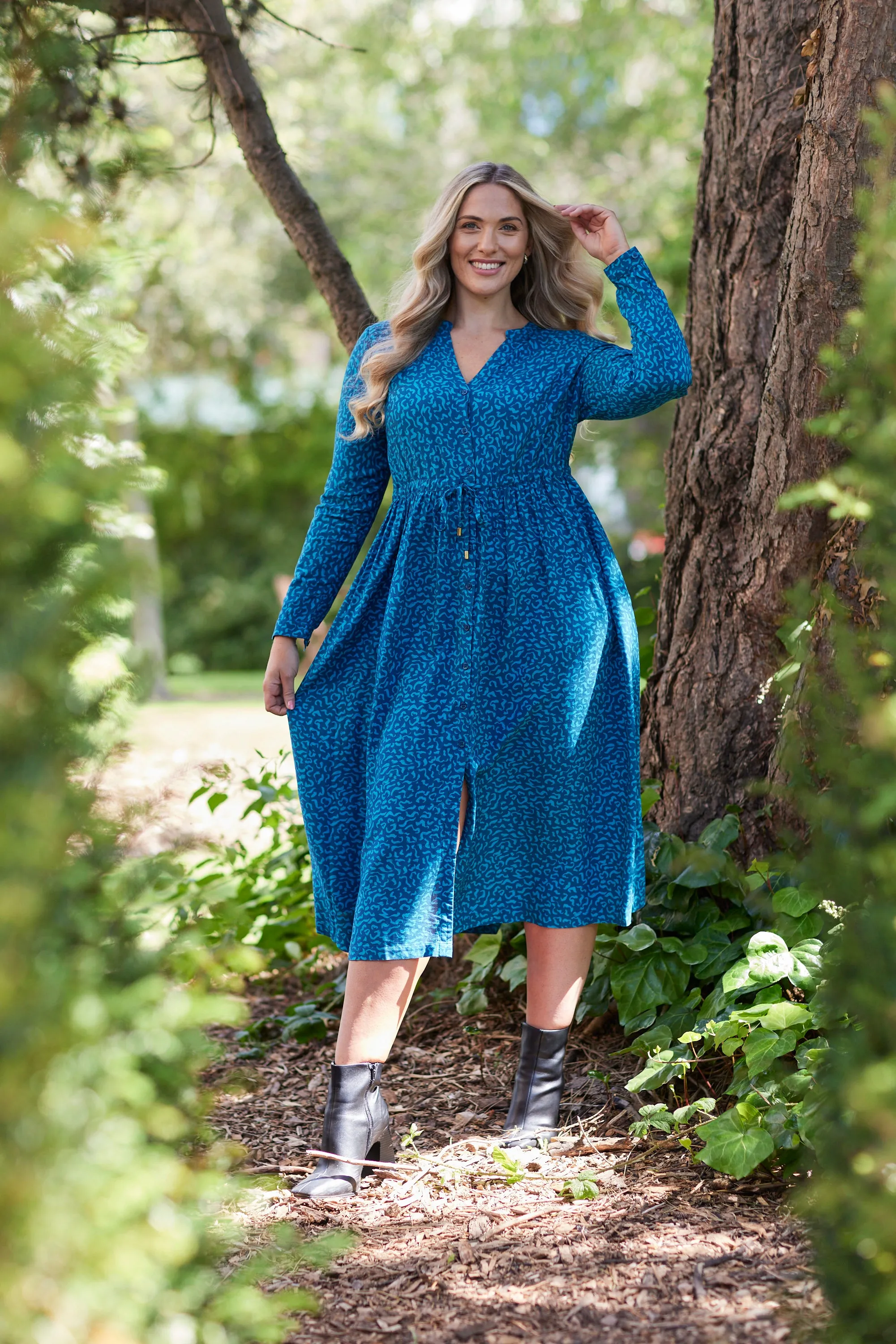 Ashleigh - Button Through Shirt Dress - Teal Print