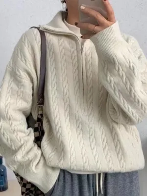 Back To School Sonicelife Vintage Lapel Neck Cable Knit Sweater