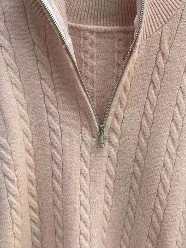 Back To School Sonicelife Vintage Lapel Neck Cable Knit Sweater