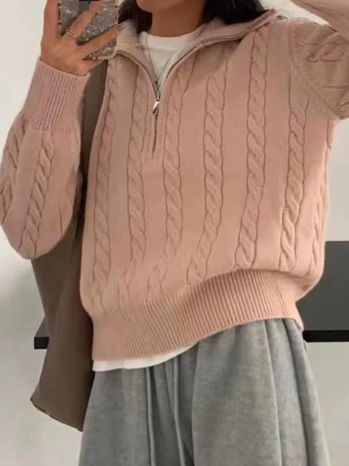 Back To School Sonicelife Vintage Lapel Neck Cable Knit Sweater
