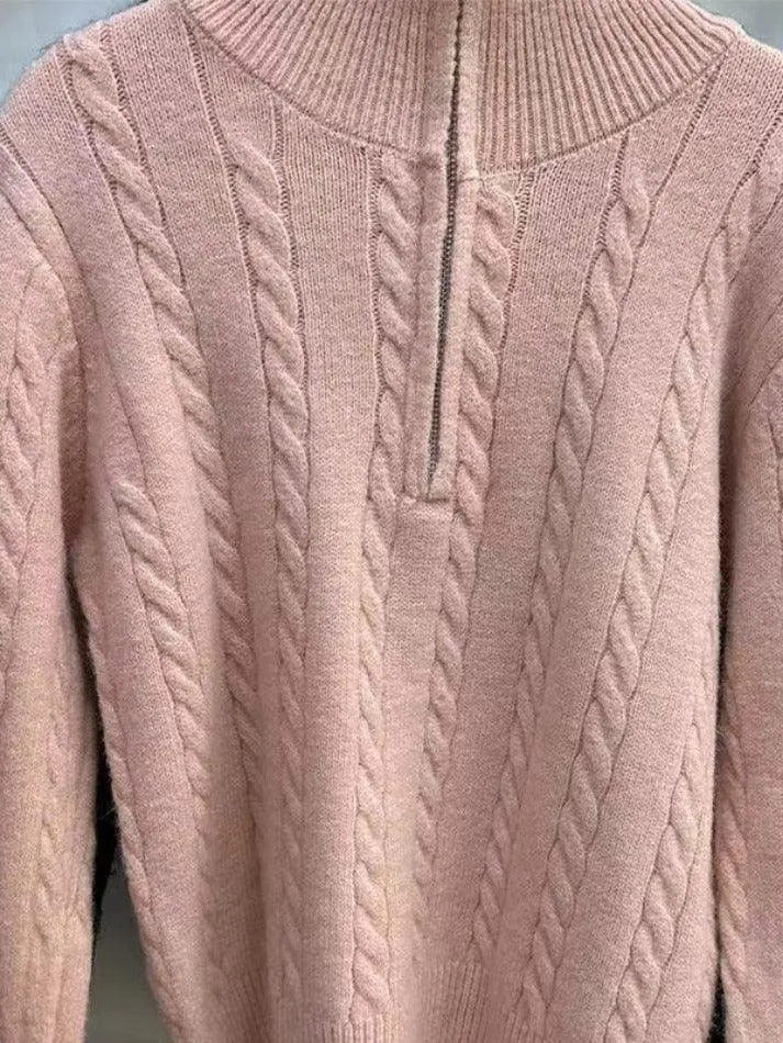 Back To School Sonicelife Vintage Lapel Neck Cable Knit Sweater