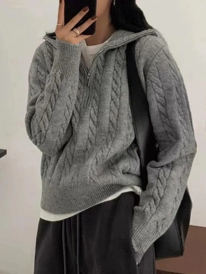 Back To School Sonicelife Vintage Lapel Neck Cable Knit Sweater
