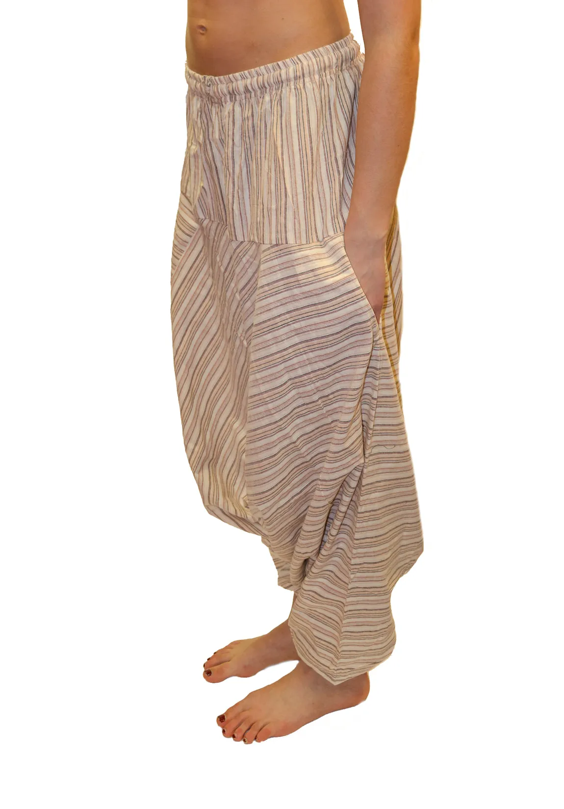Beige Striped Cotton Harem Pants