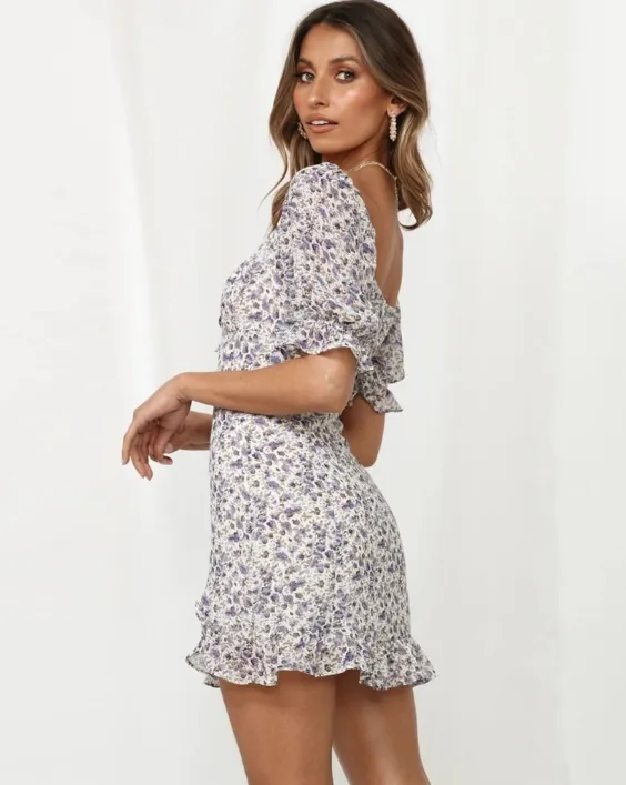 BerryBetty - Boho Printed Mini Dress Women Squared Collar Holiday Beach Dresses Short Sleeve Ruffled Dress