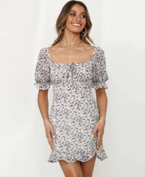 BerryBetty - Boho Printed Mini Dress Women Squared Collar Holiday Beach Dresses Short Sleeve Ruffled Dress