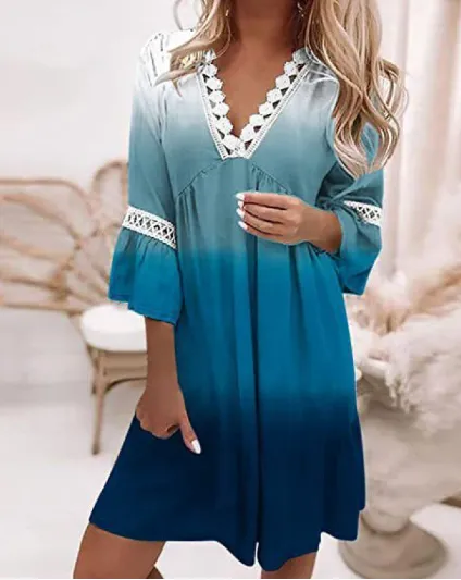 BerryBetty - Casual Long Sleeve V-Neck Loose Sundress Ladies Lace Women Summer Dresses
