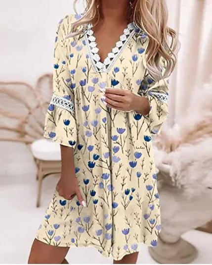 BerryBetty - Casual Long Sleeve V-Neck Loose Sundress Ladies Lace Women Summer Dresses