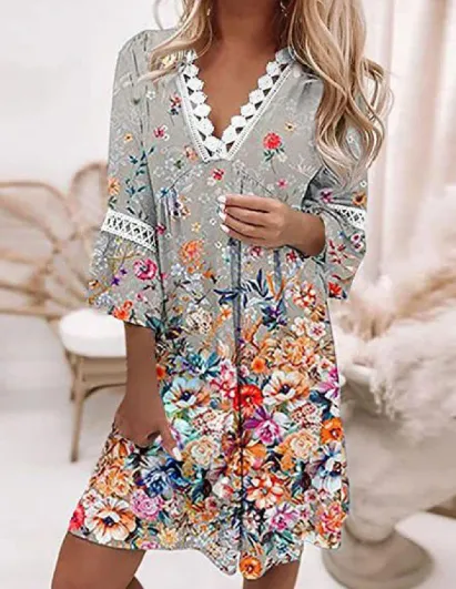 BerryBetty - Casual Long Sleeve V-Neck Loose Sundress Ladies Lace Women Summer Dresses