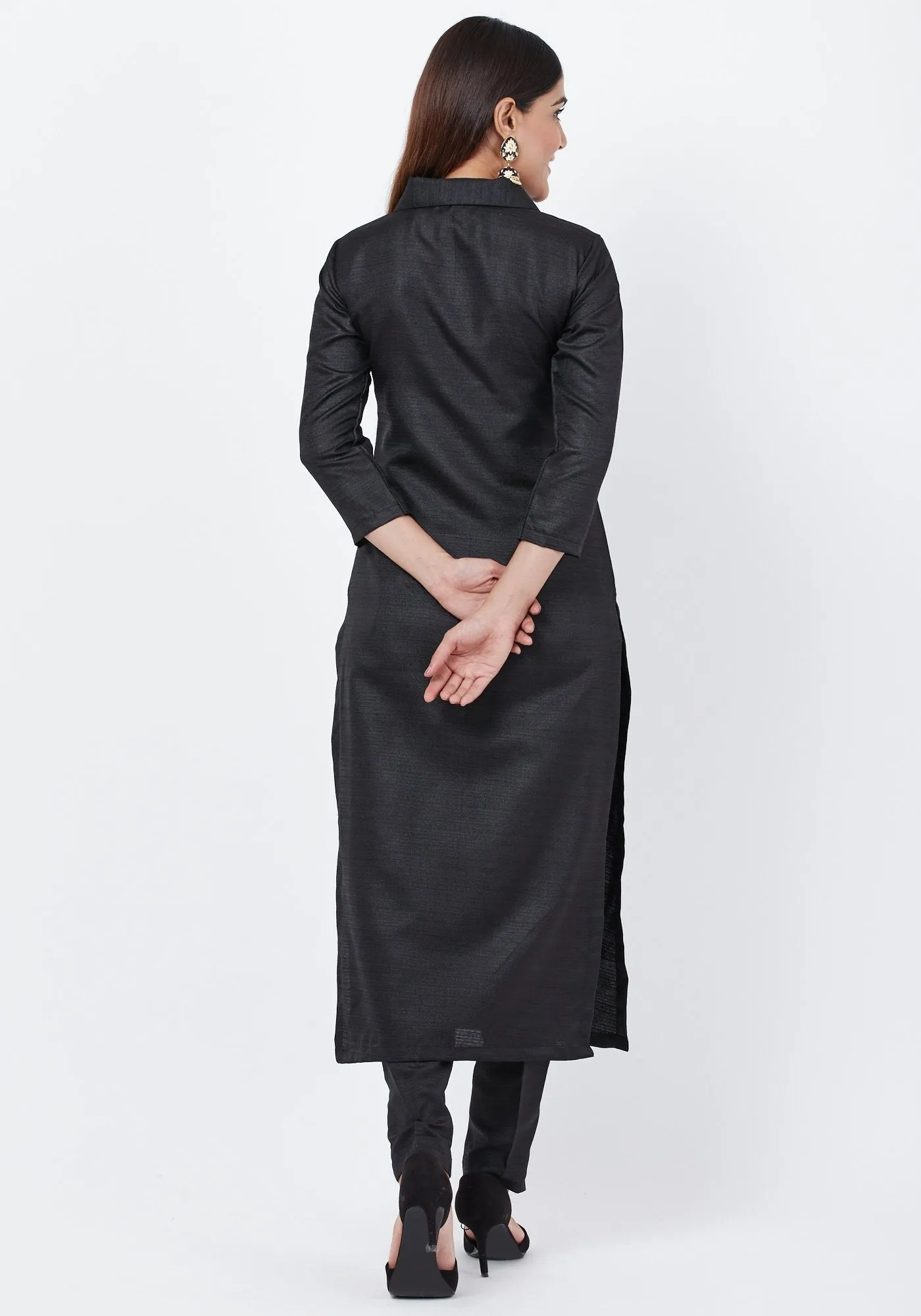 Black Collared Kurti with Straight Pants