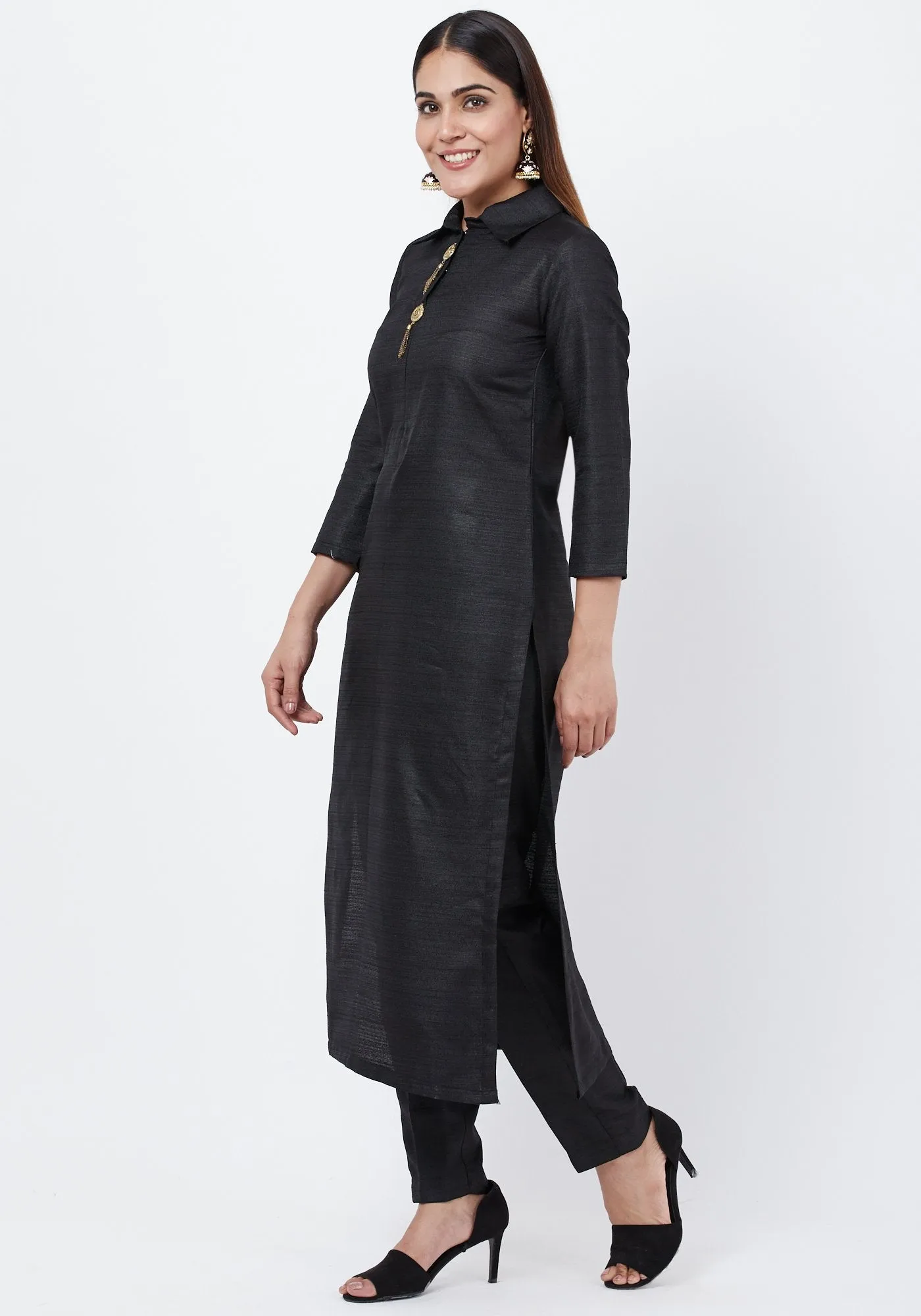 Black Collared Kurti with Straight Pants