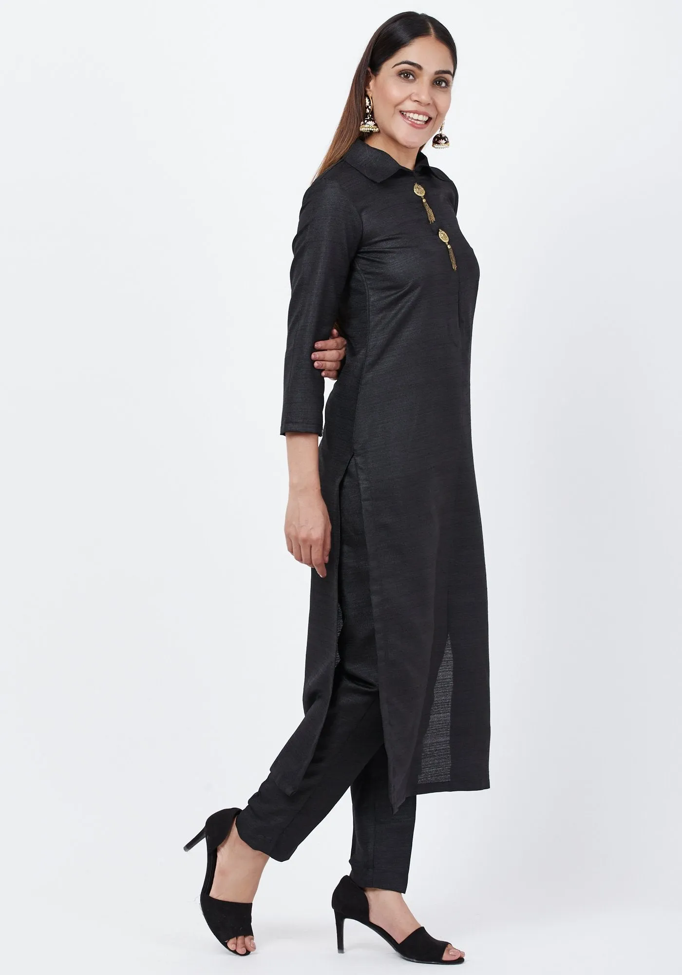 Black Collared Kurti with Straight Pants
