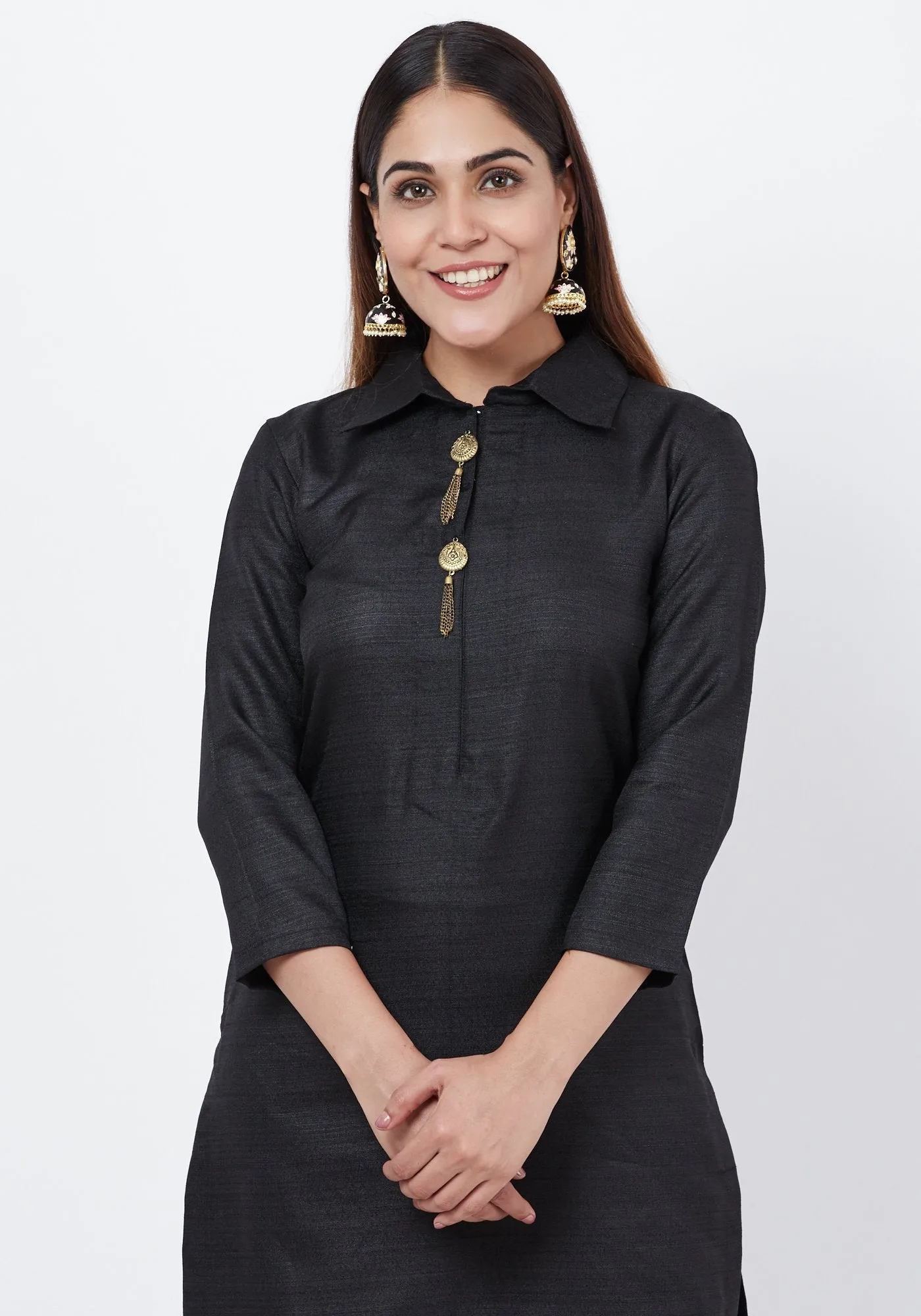Black Collared Kurti with Straight Pants