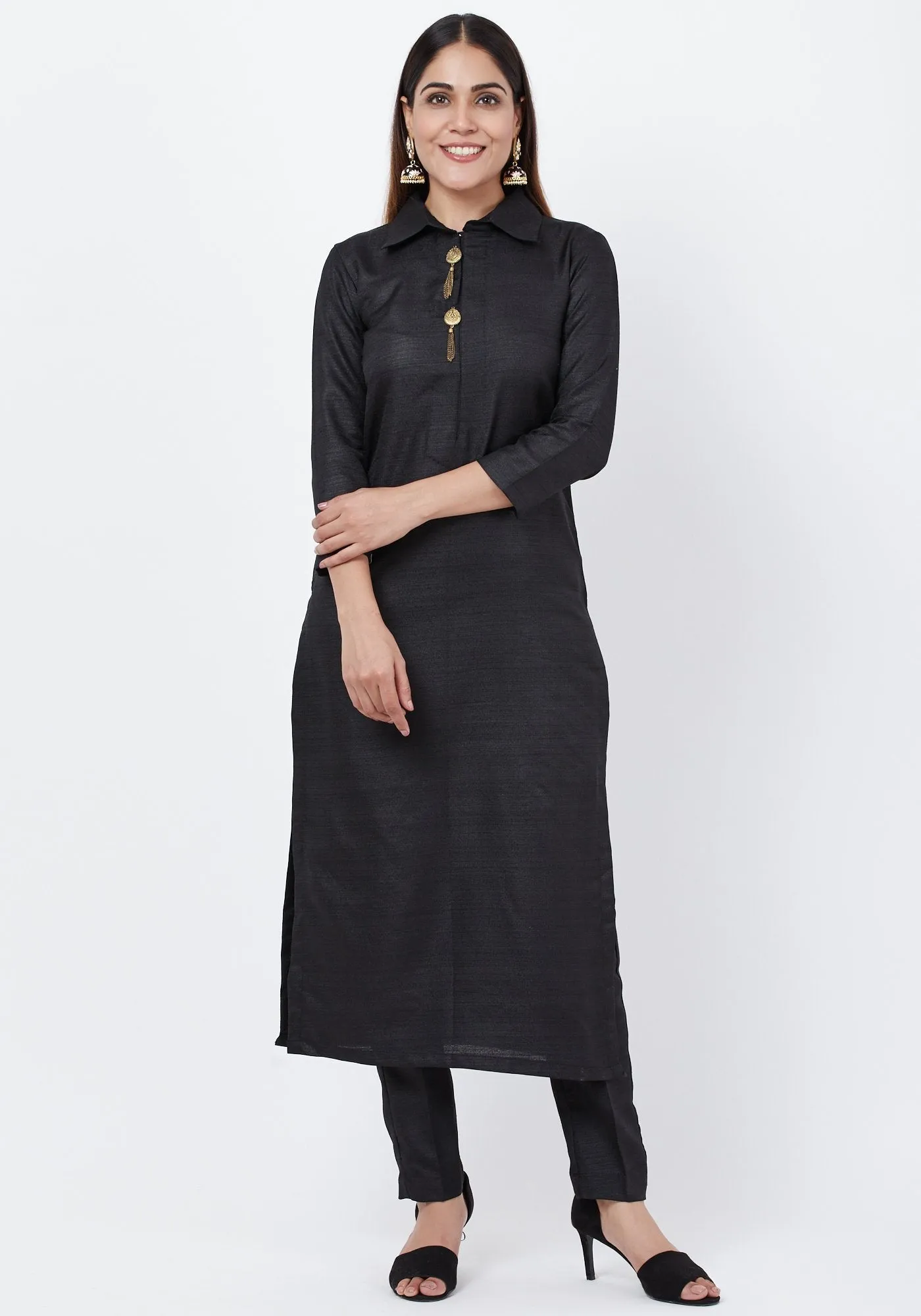 Black Collared Kurti with Straight Pants