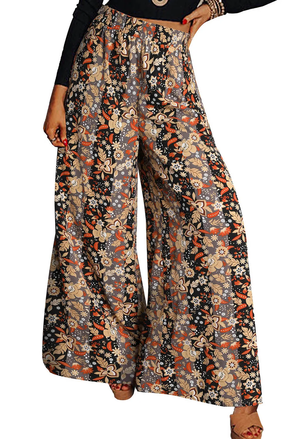 Black Floral Print High Waist Wide Leg Pants