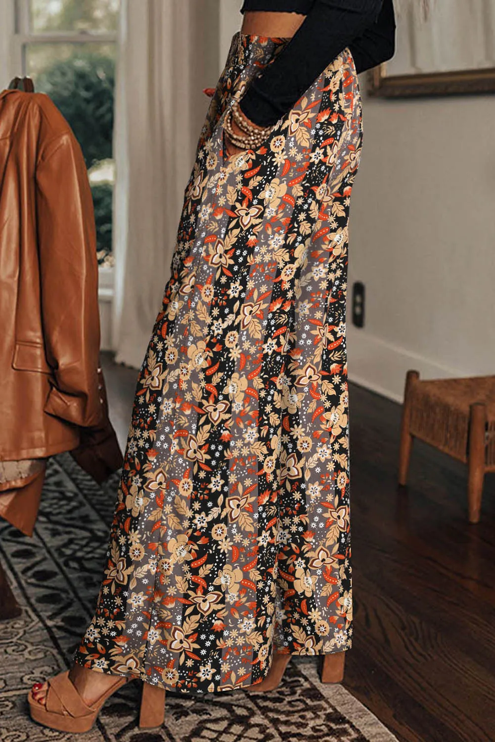 Black Floral Print High Waist Wide Leg Pants
