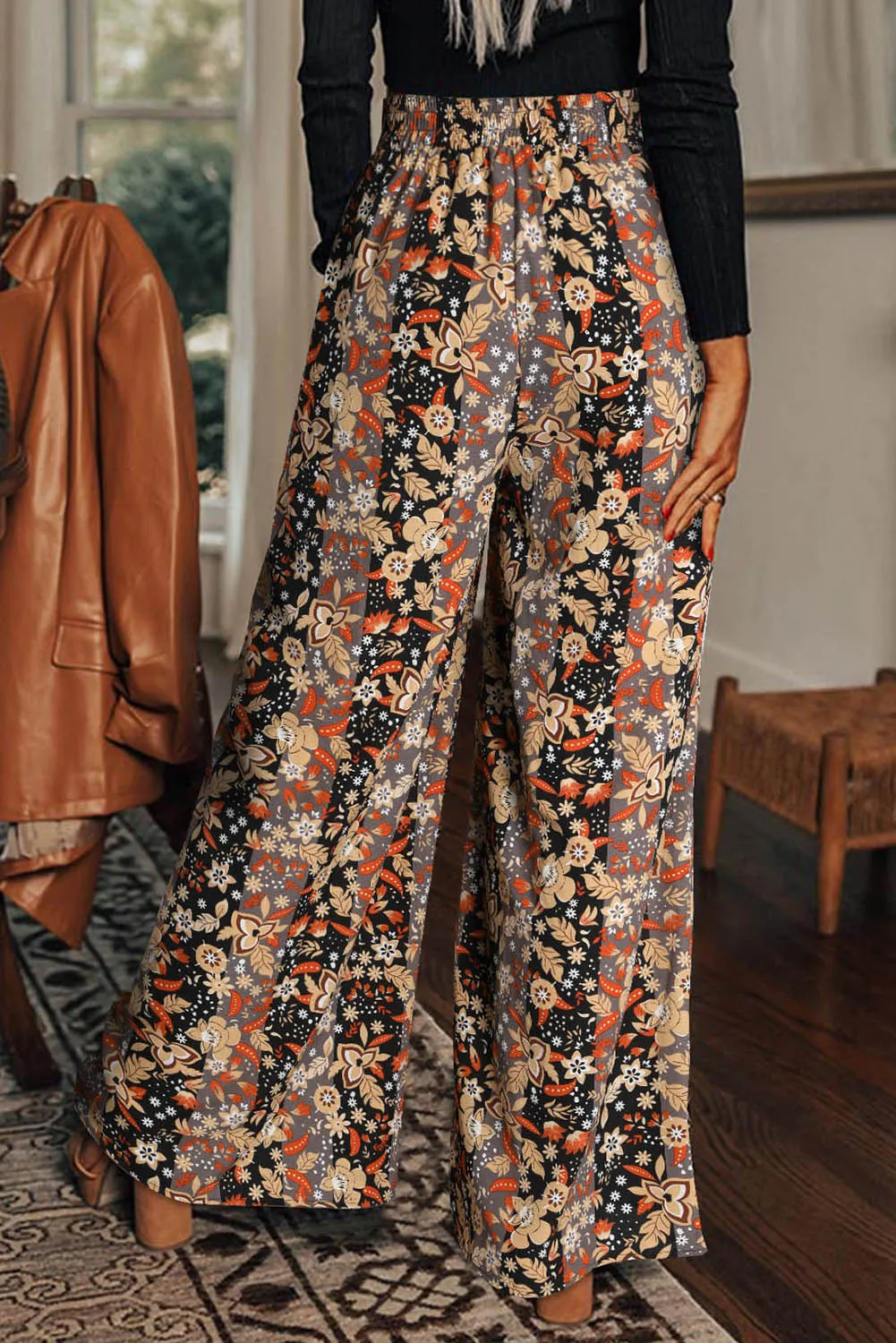 Black Floral Print High Waist Wide Leg Pants