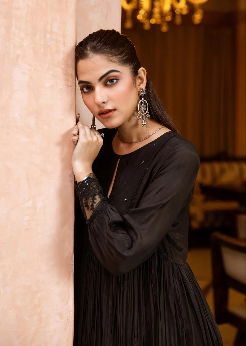 Black Silk Embroidered Keyhole Anarkali Set