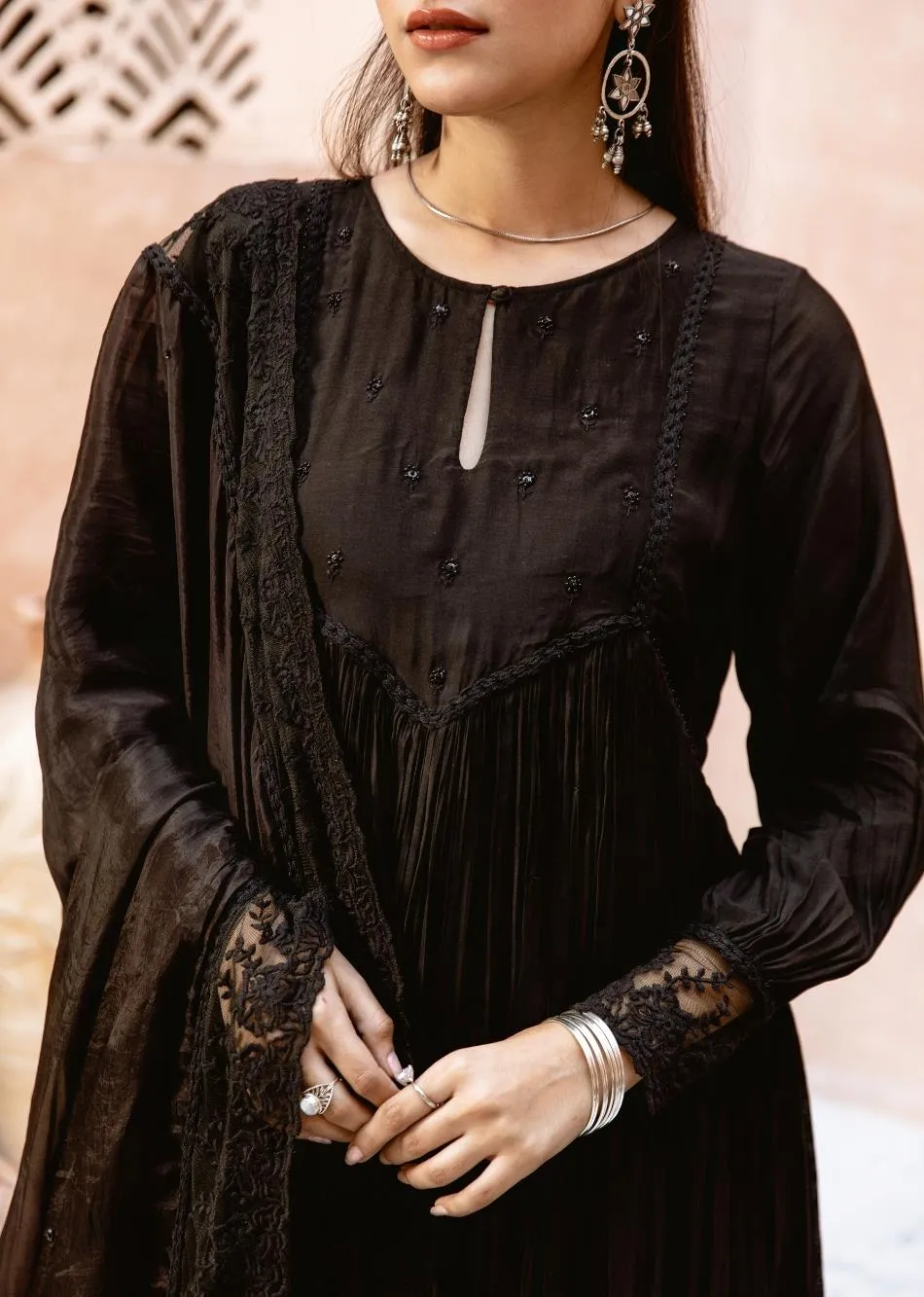 Black Silk Embroidered Keyhole Anarkali Set