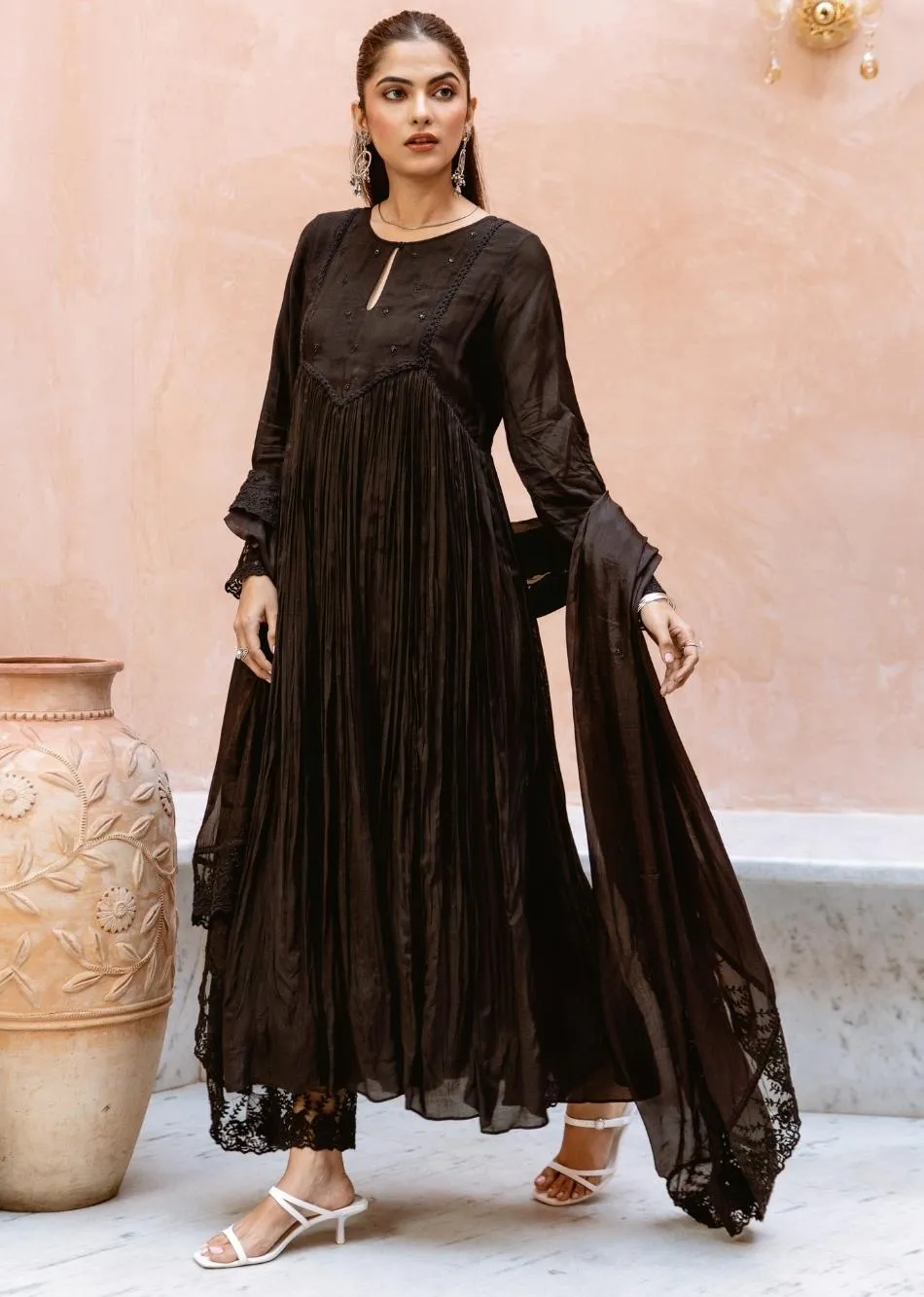 Black Silk Embroidered Keyhole Anarkali Set