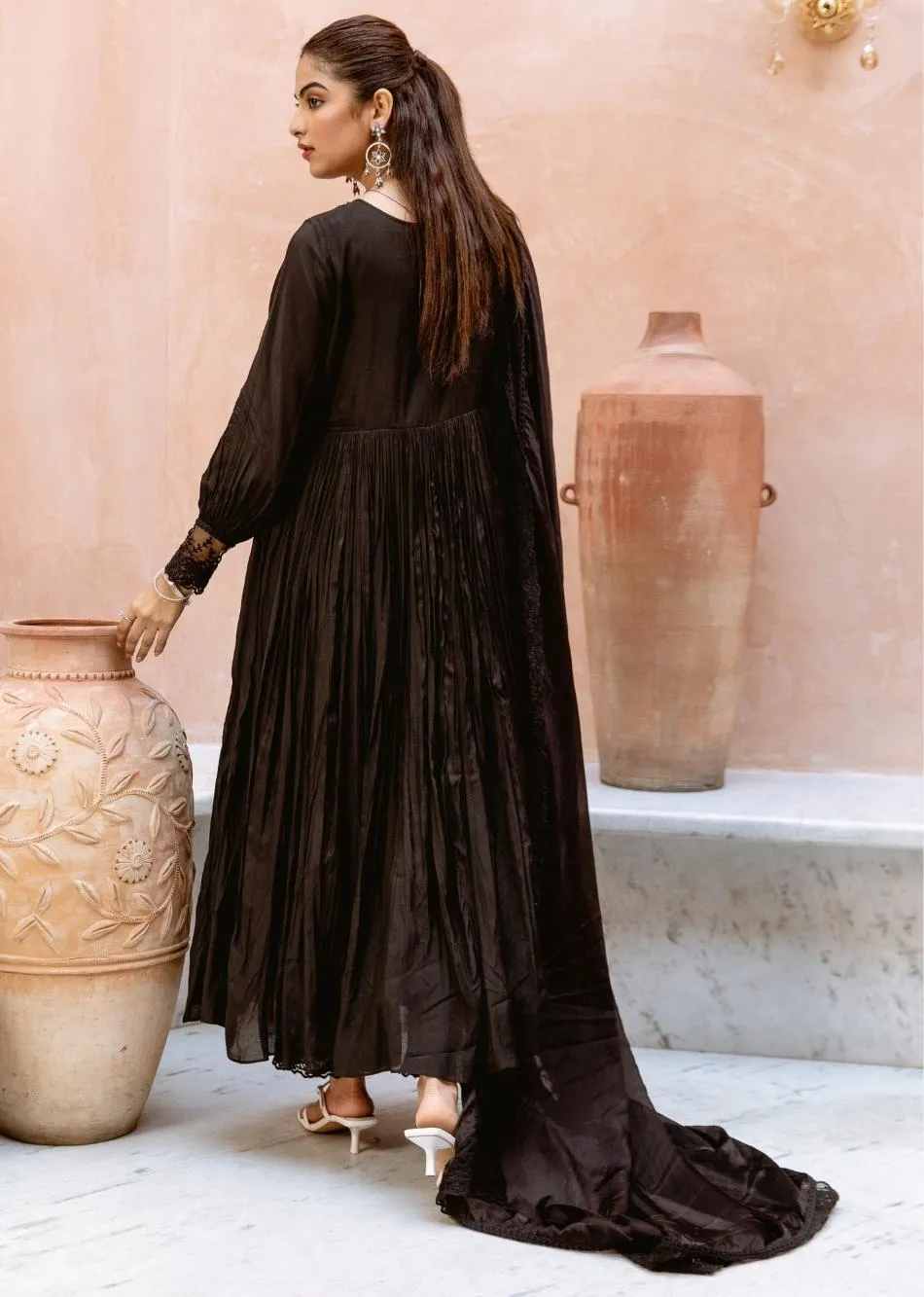 Black Silk Embroidered Keyhole Anarkali Set