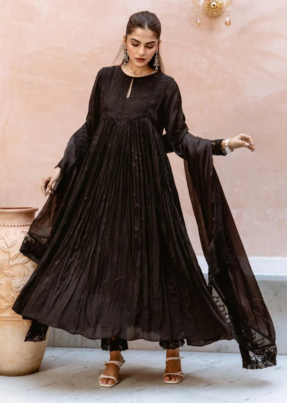 Black Silk Embroidered Keyhole Anarkali Set