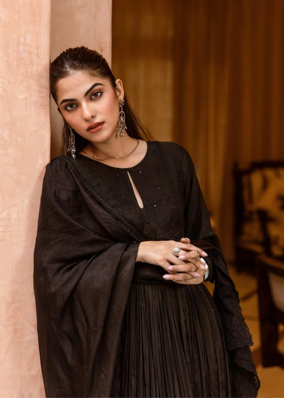 Black Silk Embroidered Keyhole Anarkali Set