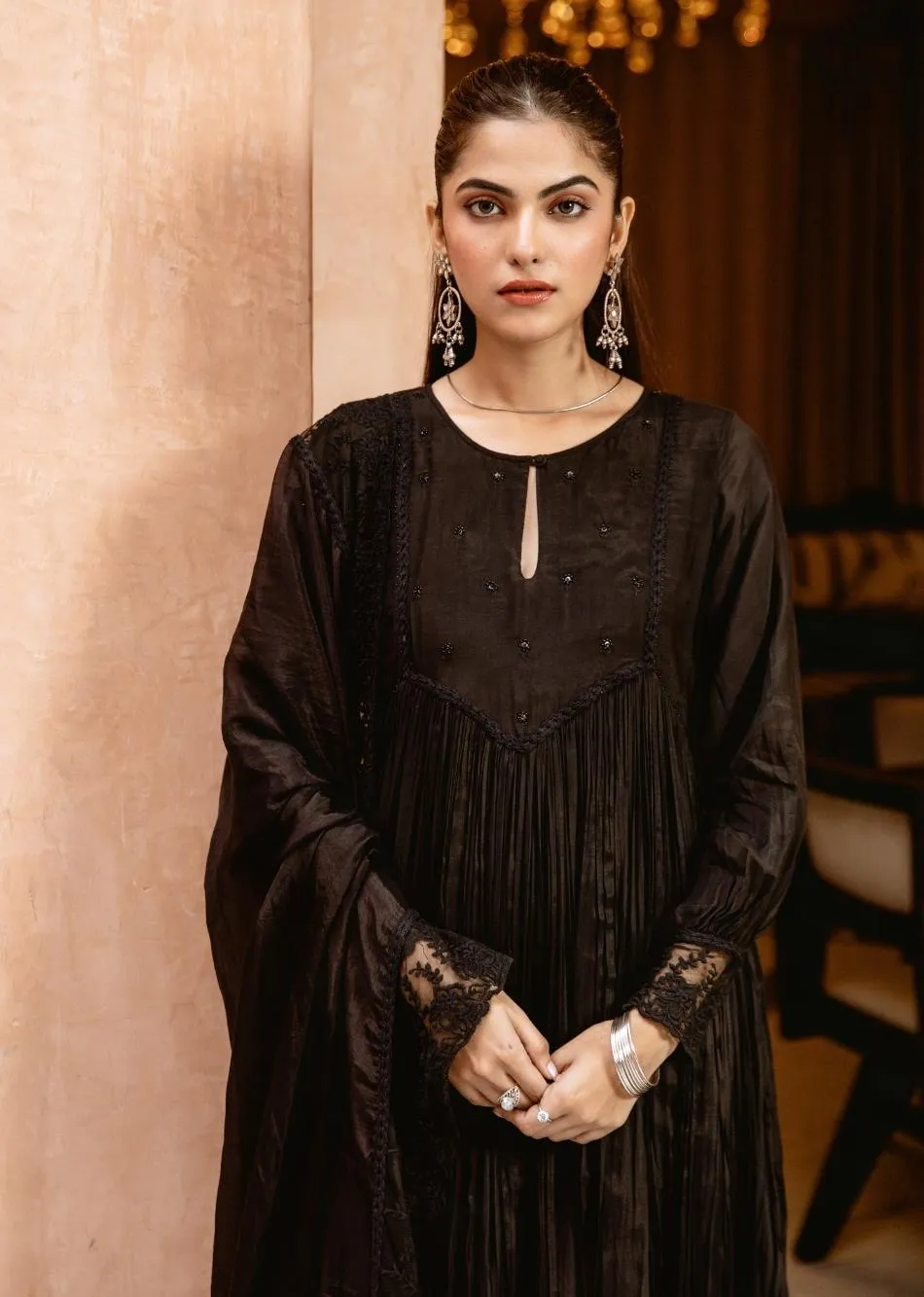 Black Silk Embroidered Keyhole Anarkali Set