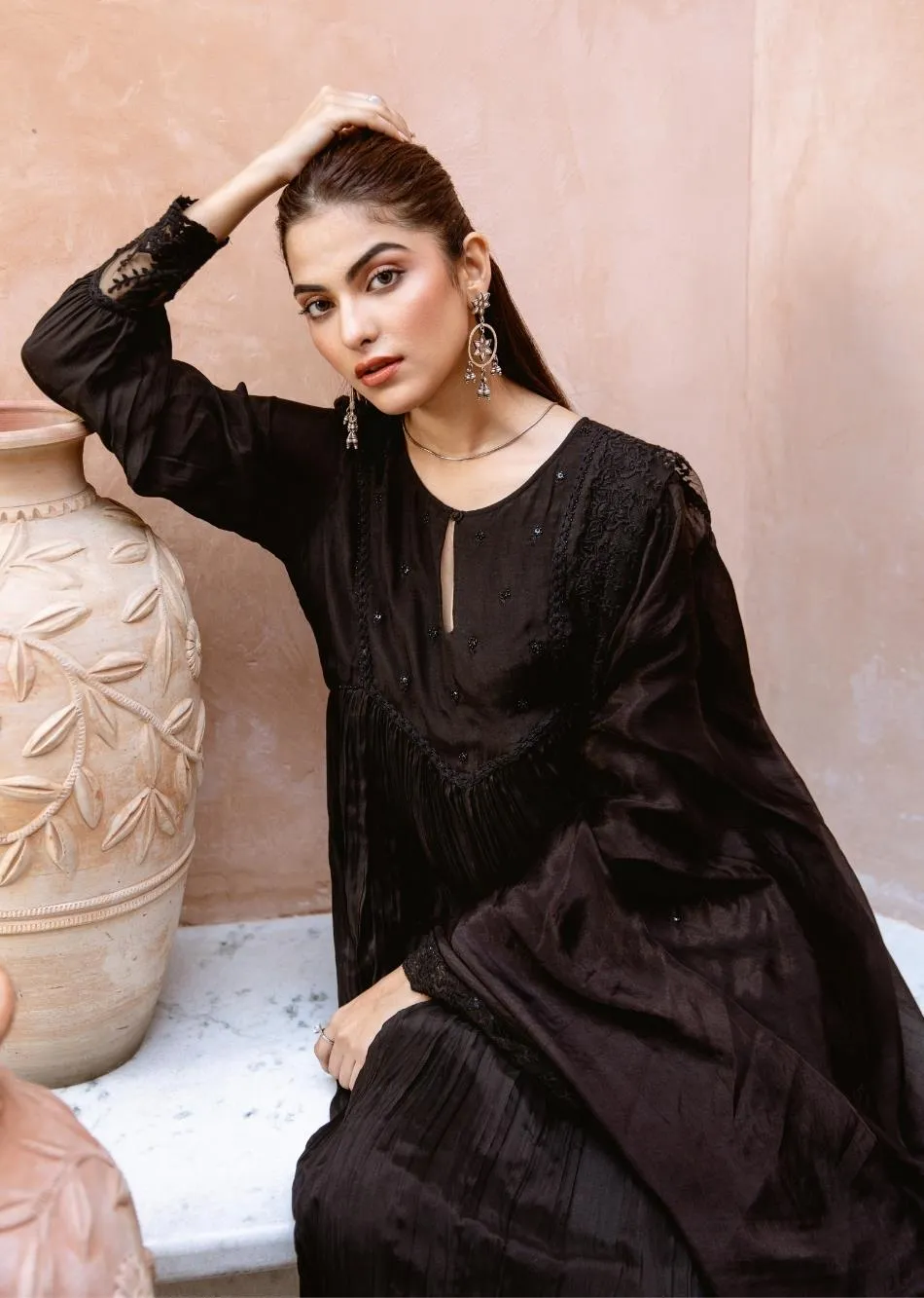 Black Silk Embroidered Keyhole Anarkali Set