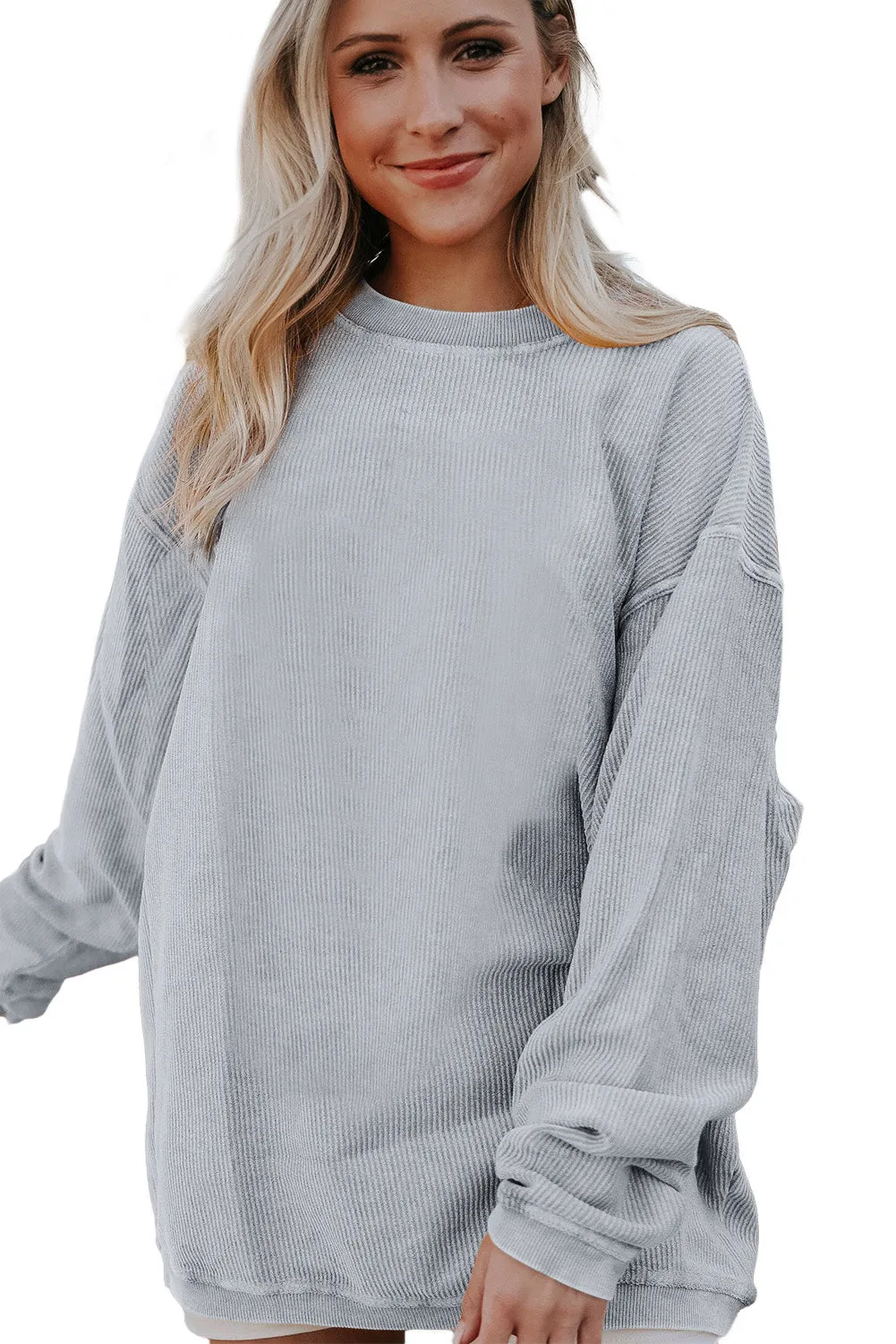 Black Solid Color Ribbed Oversized Sweatshirt