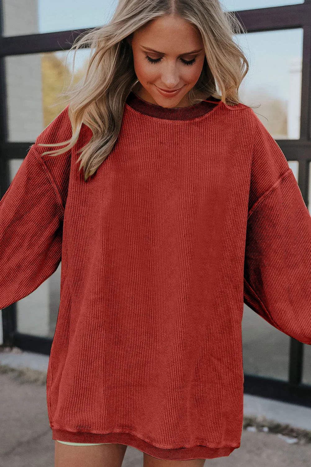 Black Solid Color Ribbed Oversized Sweatshirt