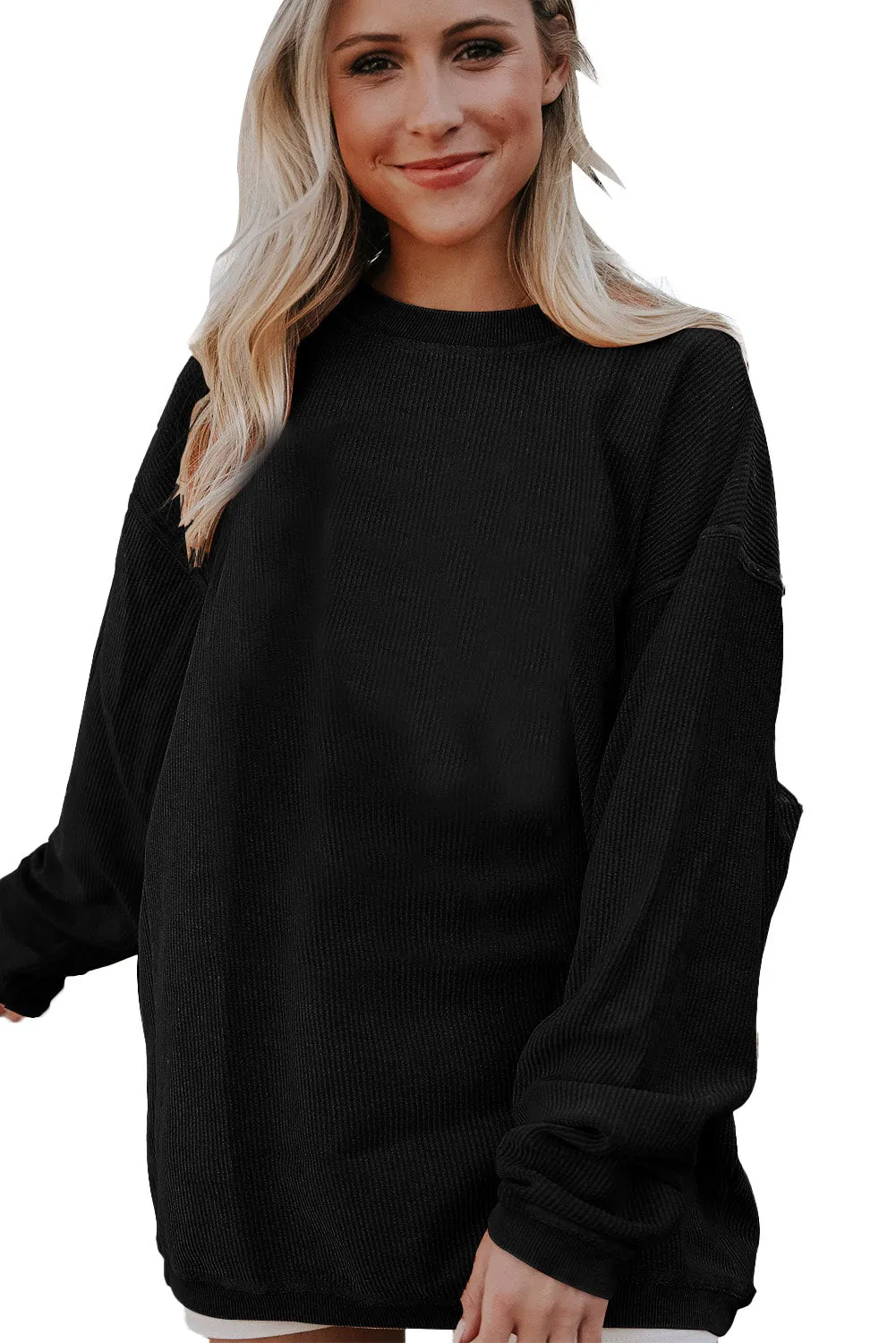 Black Solid Color Ribbed Oversized Sweatshirt