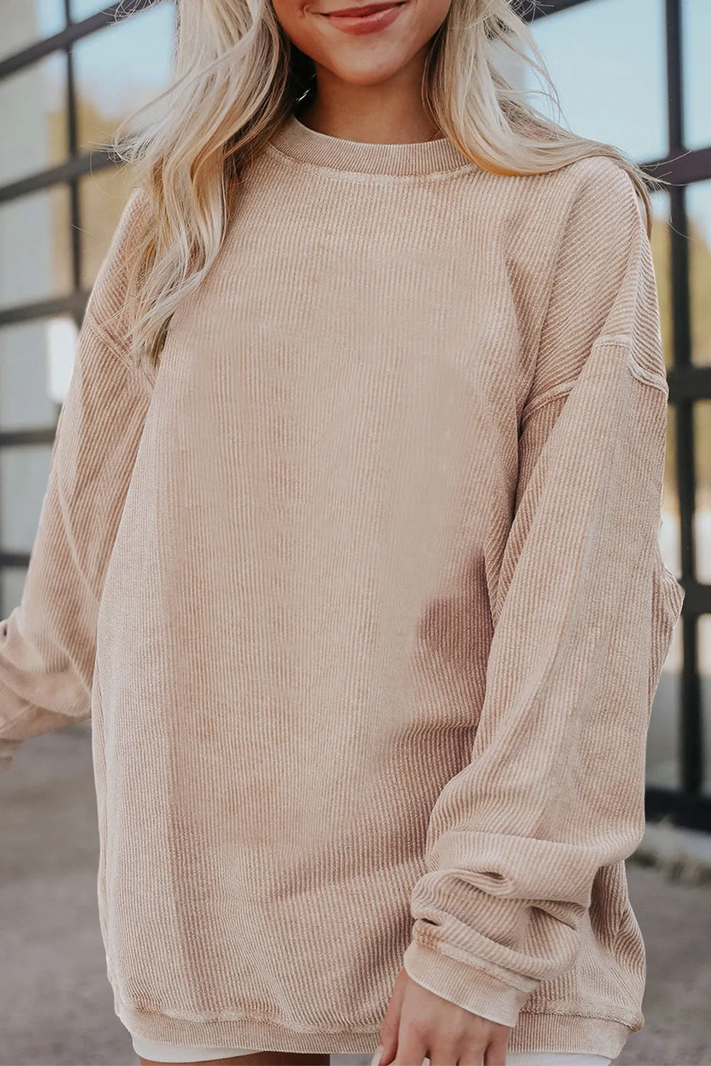 Black Solid Color Ribbed Oversized Sweatshirt