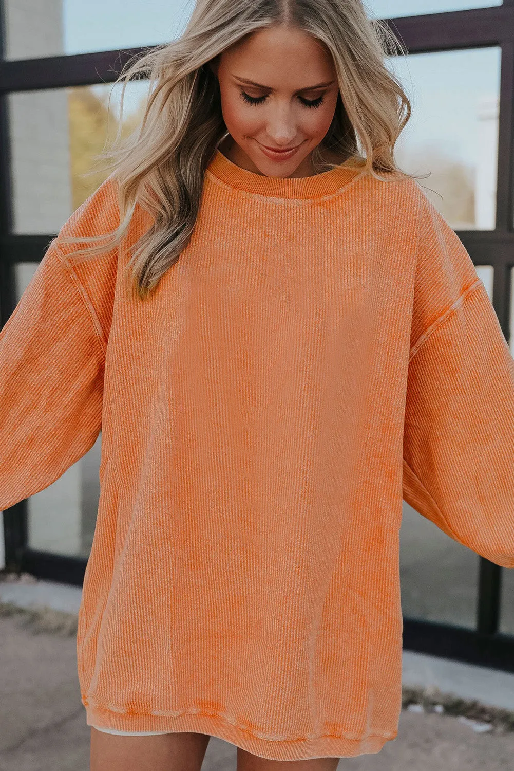 Black Solid Color Ribbed Oversized Sweatshirt