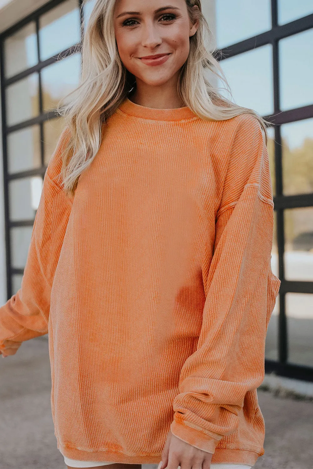 Black Solid Color Ribbed Oversized Sweatshirt